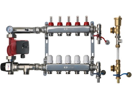 H-LINE rozvodná směšovací sada, rozdělovač s průtokoměry, 3-rychlostní čerpadlo, vestavná skříň
